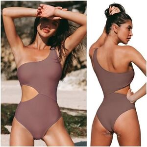 NWT Cupshe Brown One Shoulder Cut Out Ribbed One Piece Swimsuit Bathing Suit M